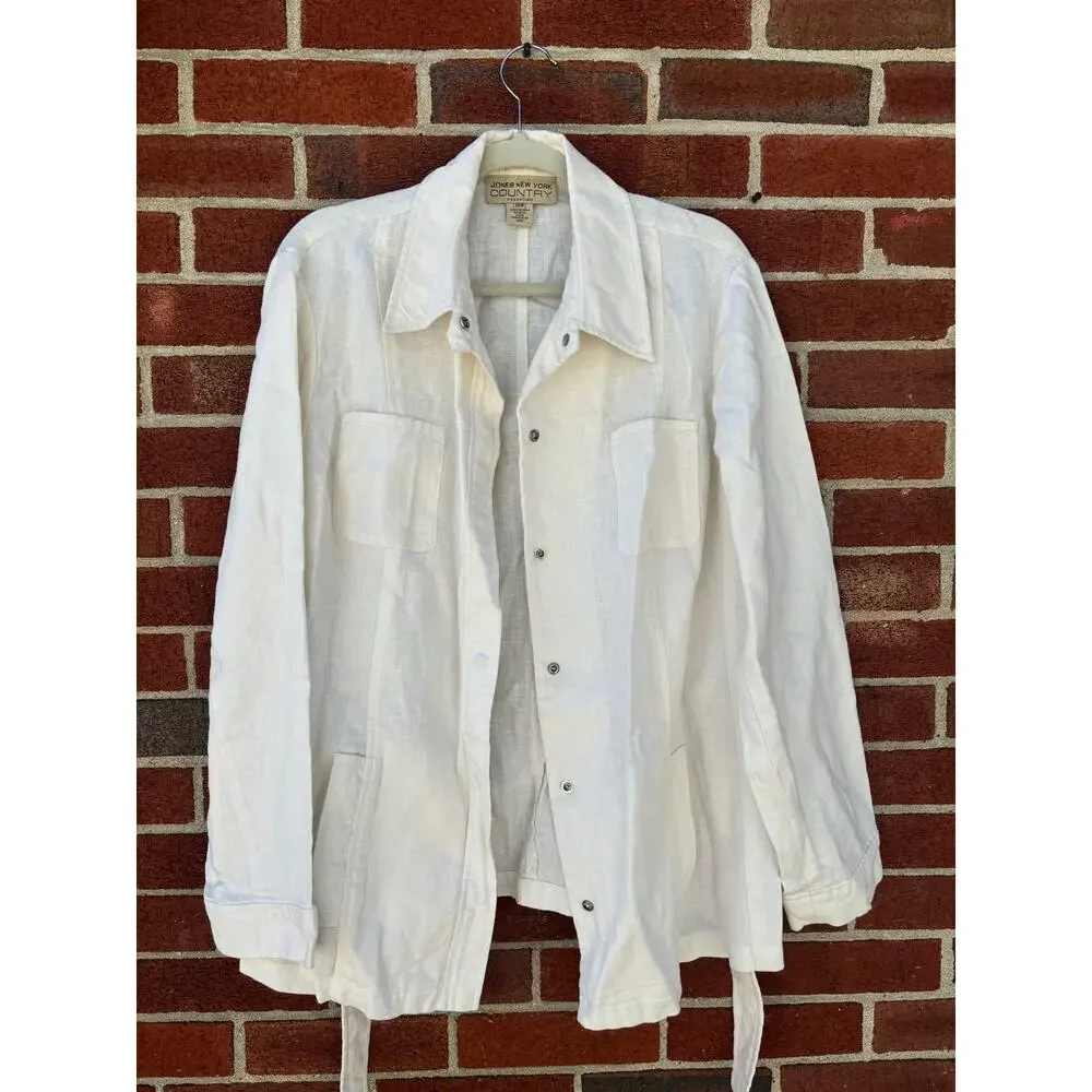 Jones New York Country White Linen Blend Belted Button Up Jacket Shirt Women’s - Picture 3 of 15